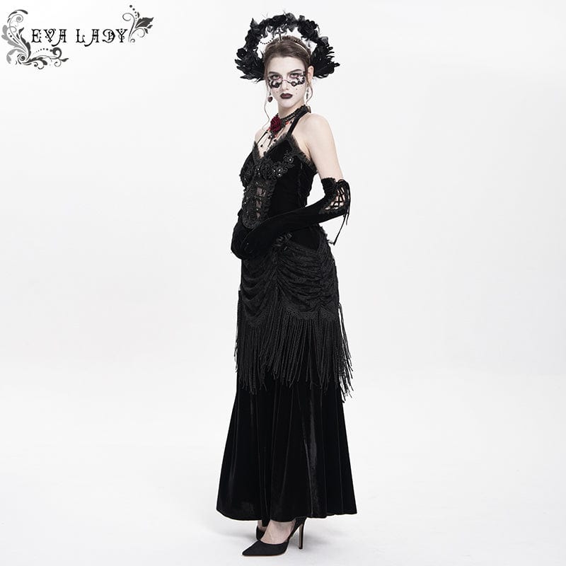 DEVIL FASHION Women's Gothic Floral Ruched Lace-up Maxi Dress Black