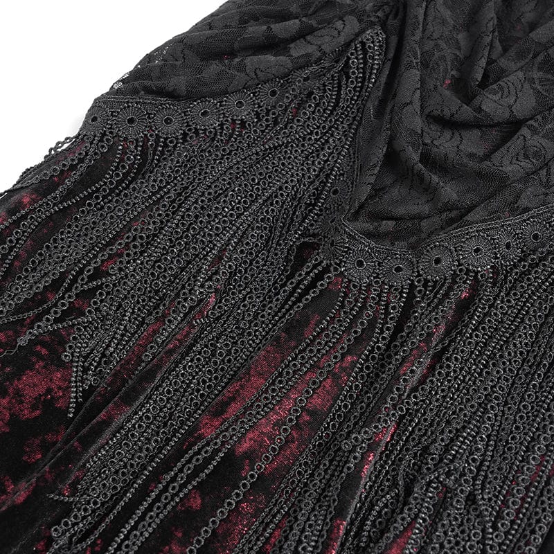 DEVIL FASHION Women's Gothic Floral Ruched Lace-up Maxi Dress Red