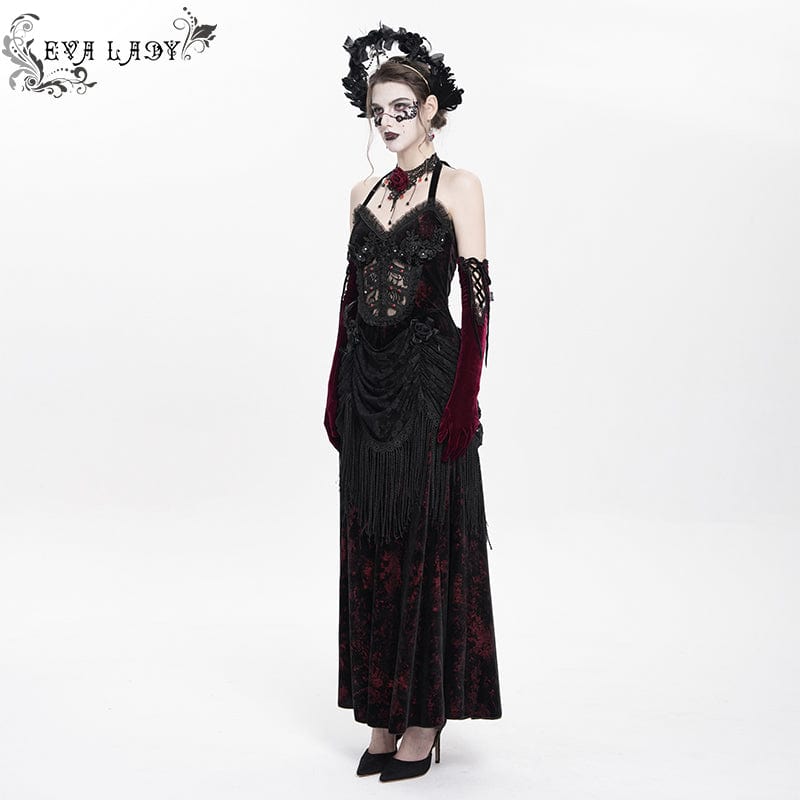 DEVIL FASHION Women's Gothic Floral Ruched Lace-up Maxi Dress Red