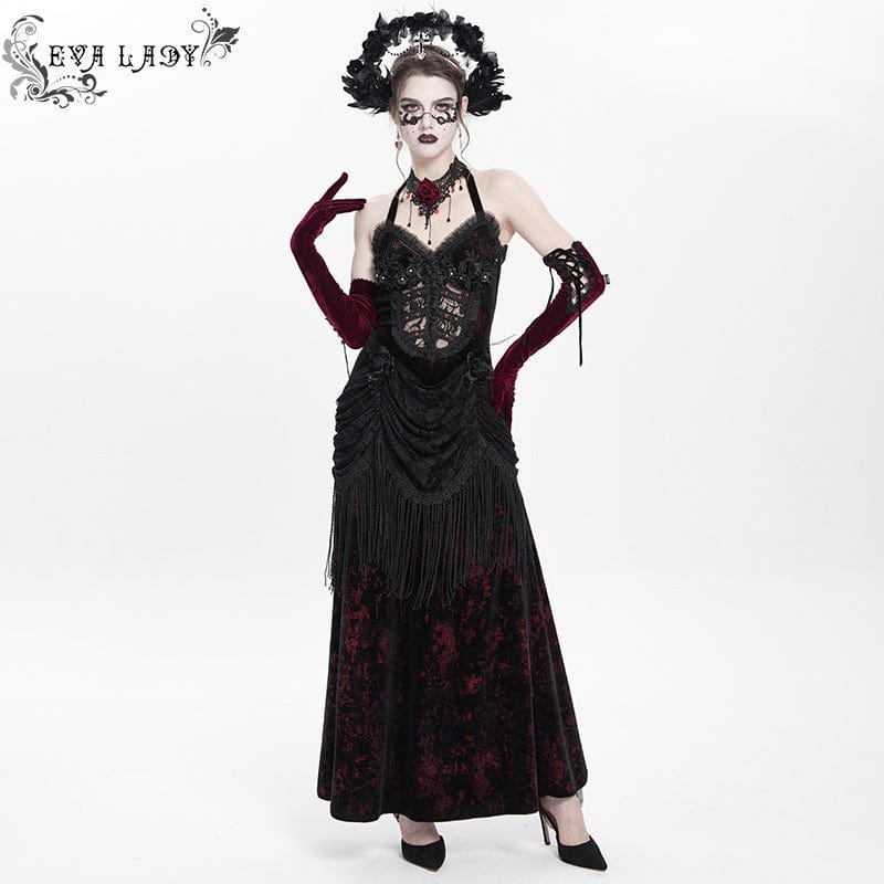 DEVIL FASHION Women's Gothic Floral Ruched Lace-up Maxi Dress Red