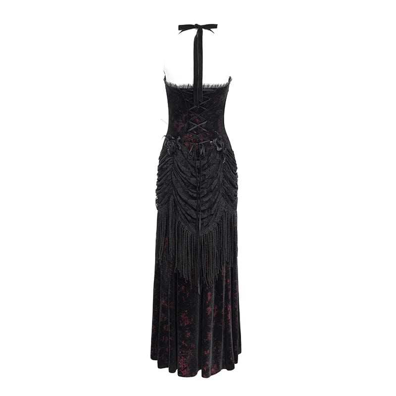 DEVIL FASHION Women's Gothic Floral Ruched Lace-up Maxi Dress Red