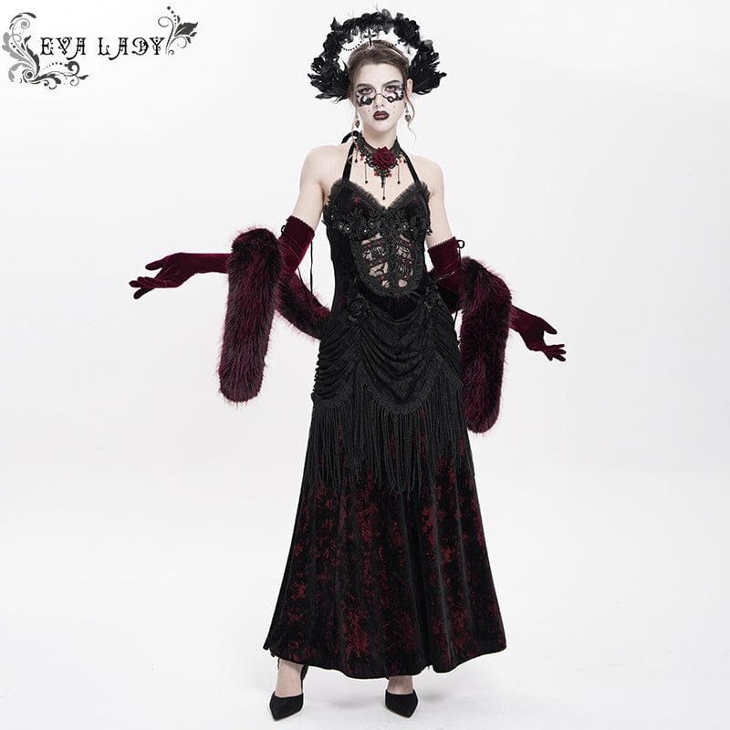 DEVIL FASHION Women's Gothic Floral Ruched Lace-up Maxi Dress Red