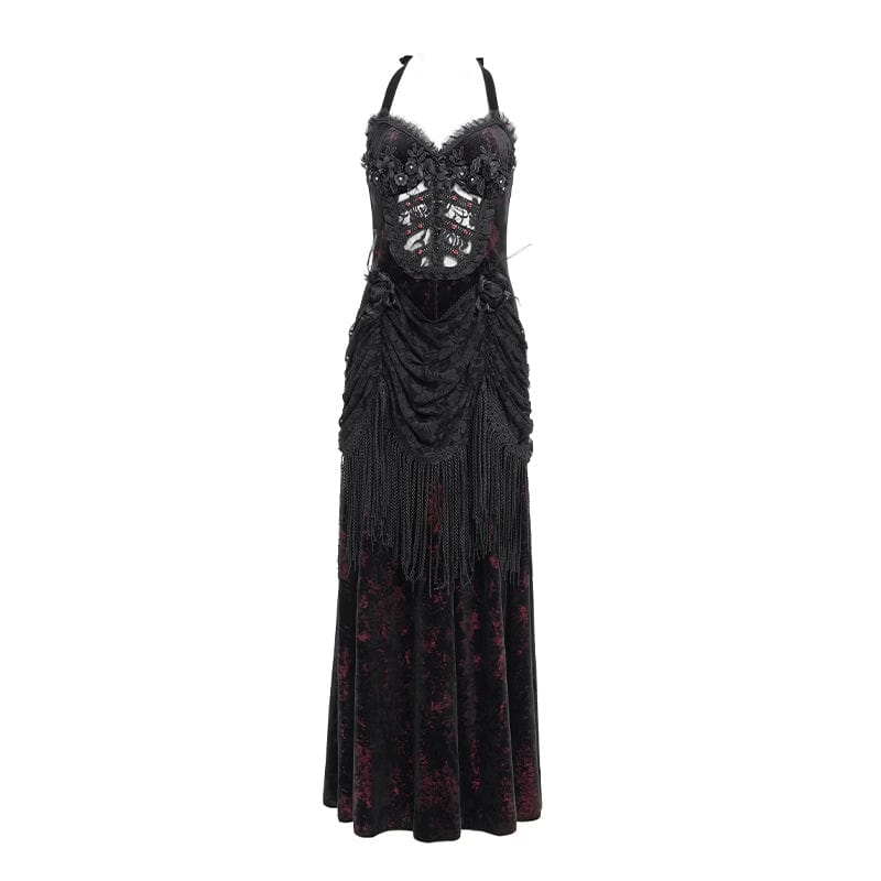 DEVIL FASHION Women's Gothic Floral Ruched Lace-up Maxi Dress Red