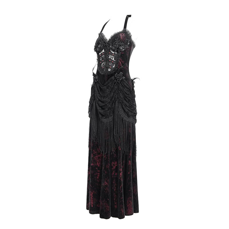 DEVIL FASHION Women's Gothic Floral Ruched Lace-up Maxi Dress Red