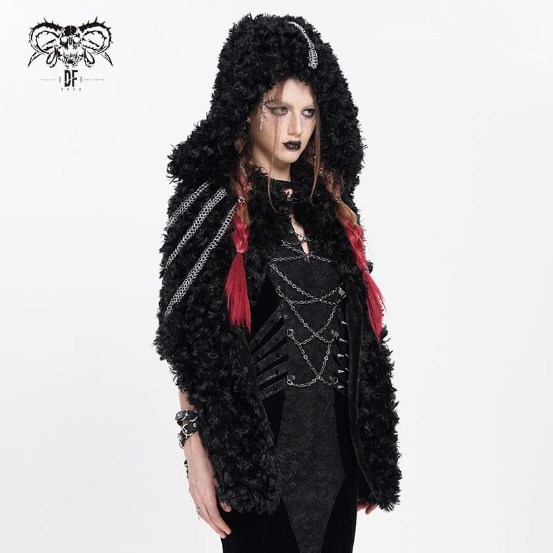 DEVIL FASHION Women's Gothic Fluffy Chain Hooded Cape