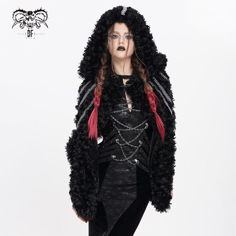 DEVIL FASHION Women's Gothic Fluffy Chain Hooded Cape