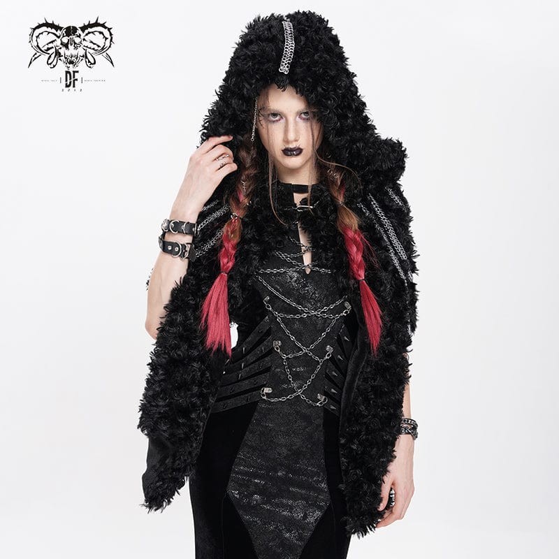 DEVIL FASHION Women's Gothic Fluffy Chain Hooded Cape