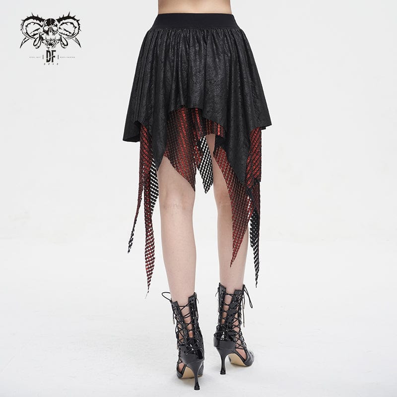 DEVIL FASHION Women's Gothic Irregular Mesh Splice Buckle Skirt Red