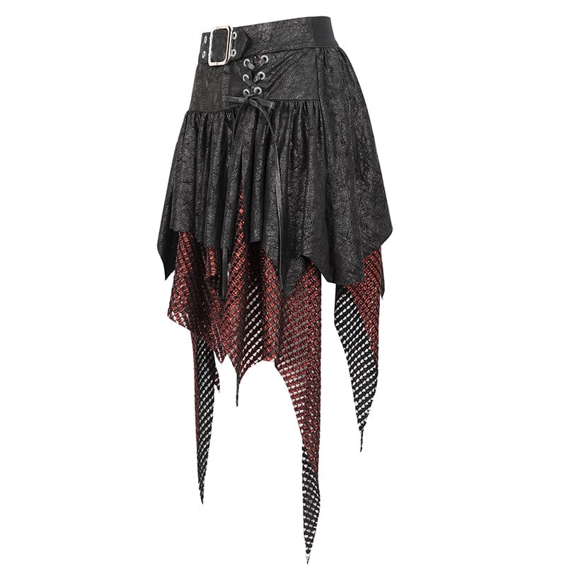 DEVIL FASHION Women's Gothic Irregular Mesh Splice Buckle Skirt Red