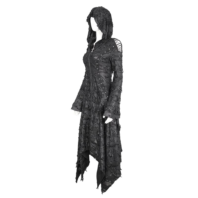 DEVIL FASHION Women's Gothic Irregular Ripped Long Sleeved Hem Dress with Hood