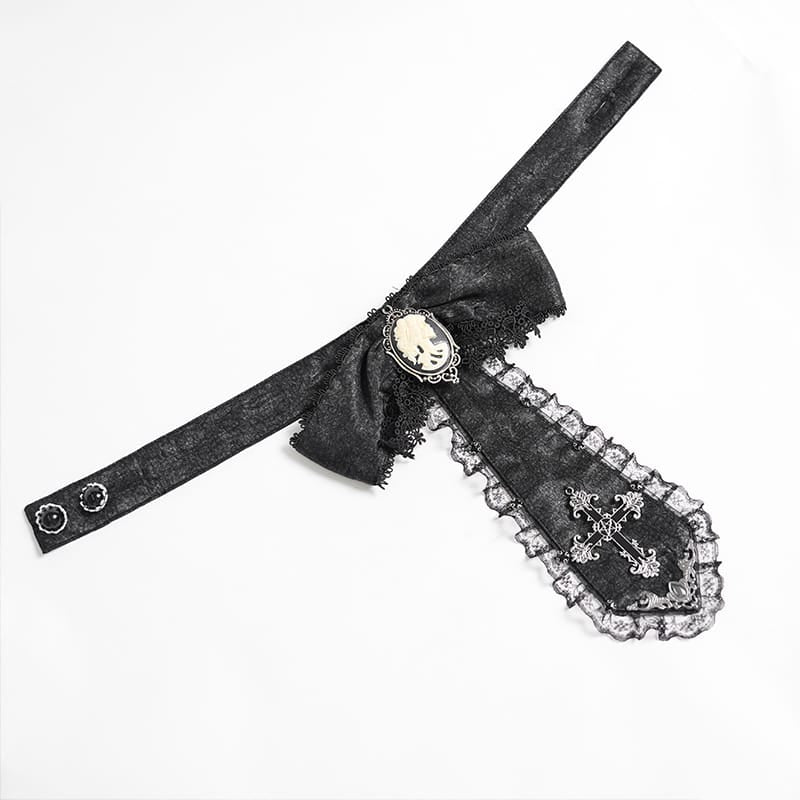 DEVIL FASHION Women's Gothic Jacquard Batwing Shoulder Flap Shirt with Necktie Black