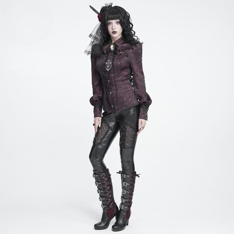 DEVIL FASHION Women's Gothic Jacquard Batwing Shoulder Flap Shirt with Necktie Red