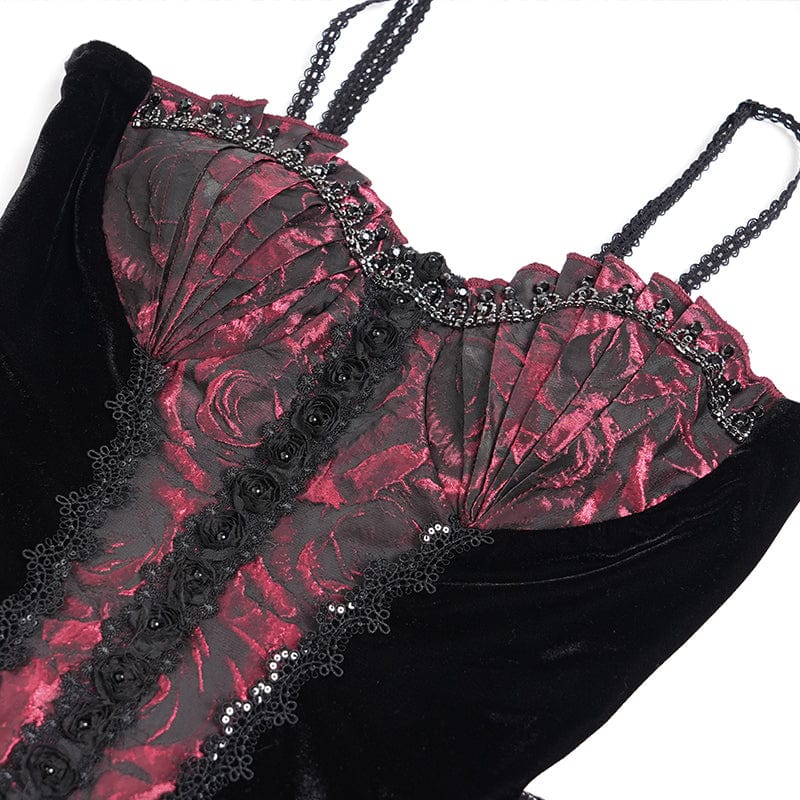 DEVIL FASHION Women's Gothic Jacquard Floral Beaded Long Slip Dress