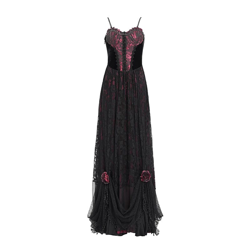 DEVIL FASHION Women's Gothic Jacquard Floral Beaded Long Slip Dress