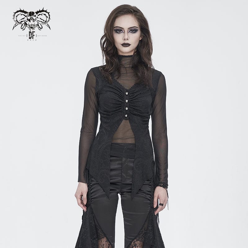 DEVIL FASHION Women's Gothic Jacquard Mesh Ruffled Long Sleeved Shirt