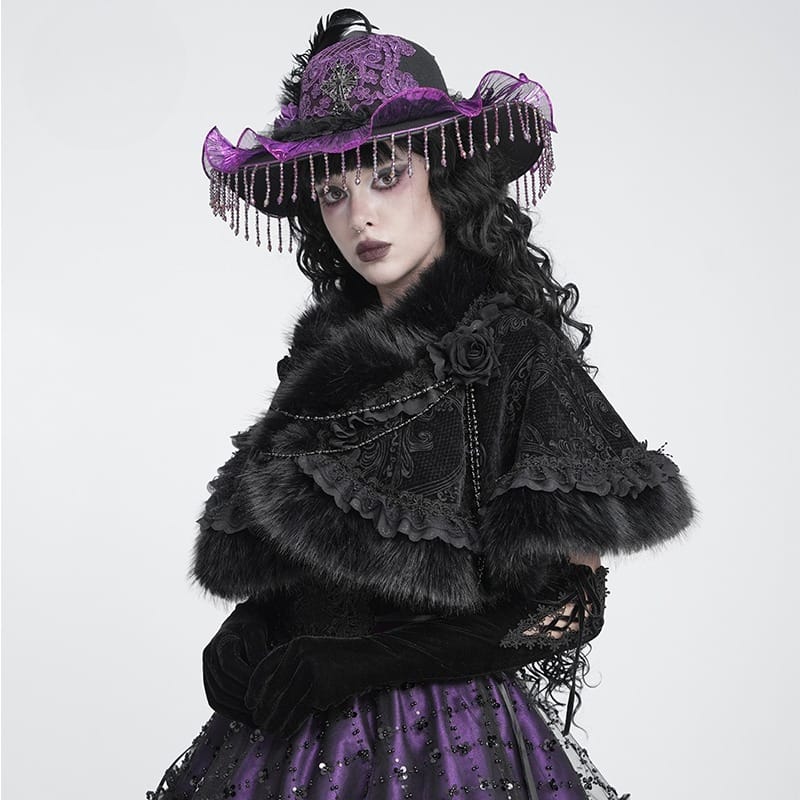 DEVIL FASHION Women's Gothic Jacquard Rose Beaded Cape
