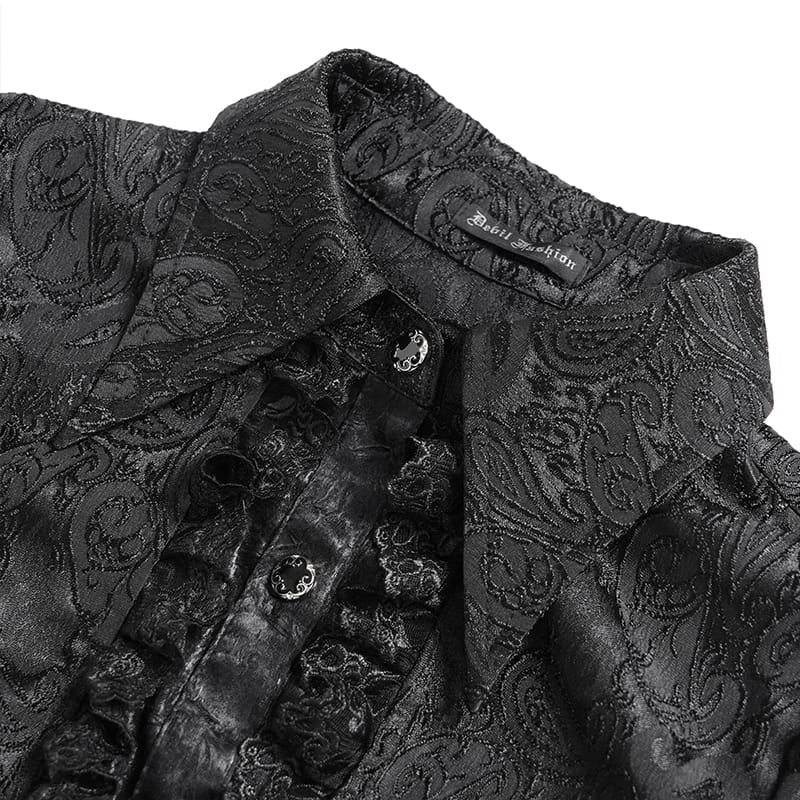 DEVIL FASHION Women's Gothic Jacquard Swallow Tail Flare Sleeve Blouse with Necktie Black