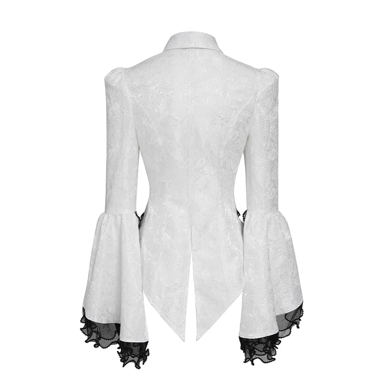DEVIL FASHION Women's Gothic Jacquard Swallow Tail Flare Sleeve Blouse with Necktie White