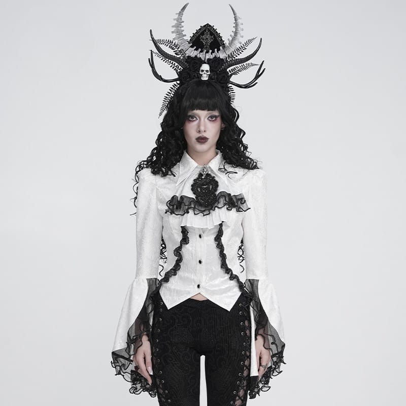 DEVIL FASHION Women's Gothic Jacquard Swallow Tail Flare Sleeve Blouse with Necktie White
