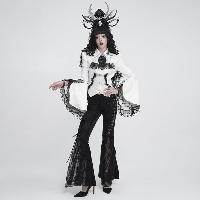 DEVIL FASHION Women's Gothic Jacquard Swallow Tail Flare Sleeve Blouse with Necktie White