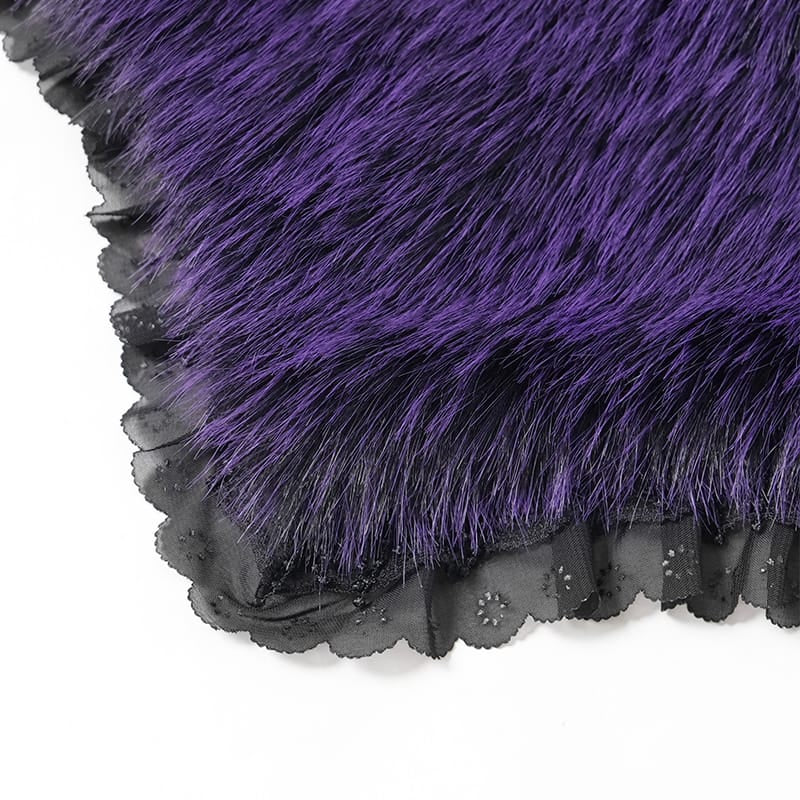 DEVIL FASHION Women's Gothic Lace Embroidery Trim Faux Fur Collar Long Coat with Detachable Bowknot