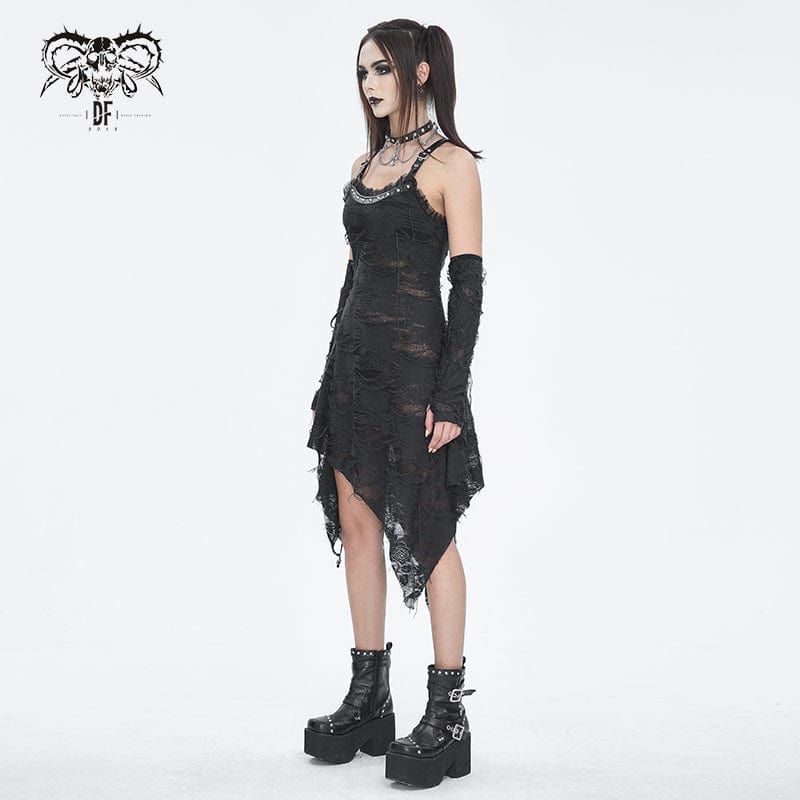 DEVIL FASHION Women's Gothic Lace Ripped Hem Dress with Arm Sleeves