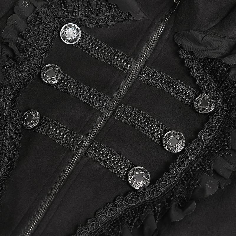 DEVIL FASHION Women's Gothic Lace Ruffle Trim Flared Hem Hooded Coat