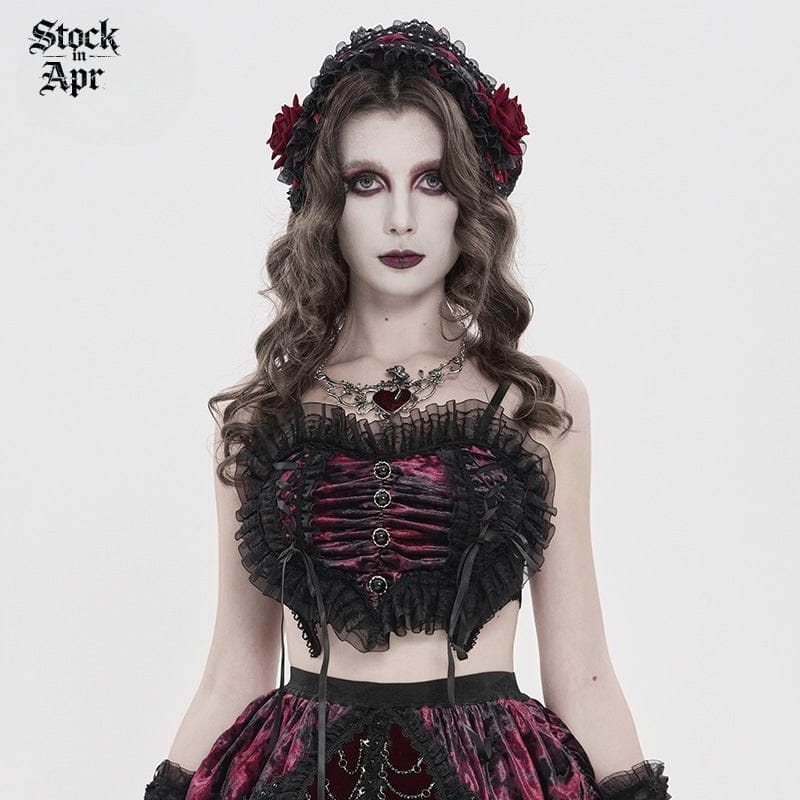 DEVIL FASHION Women's Gothic Lace Ruffled Ruched Bustier Black-Red