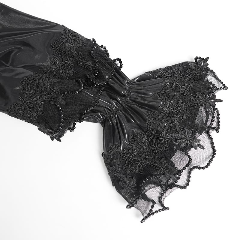 DEVIL FASHION Women's Gothic Lace Trim Lace-up Puff Shoulder Flare Sleeve Shirt