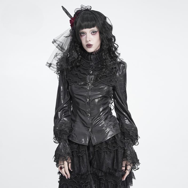 DEVIL FASHION Women's Gothic Lace Trim Lace-up Puff Shoulder Flare Sleeve Shirt