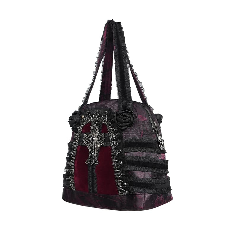 DEVIL FASHION Women's Gothic Lace-Trimmed Rose Cross Bag Black-Red