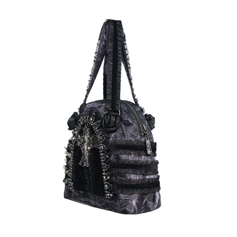 DEVIL FASHION Women's Gothic Lace-Trimmed Rose Cross Bag Grey-Black