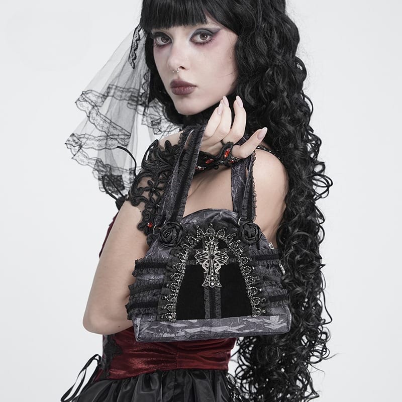 DEVIL FASHION Women's Gothic Lace-Trimmed Rose Cross Bag Grey-Black