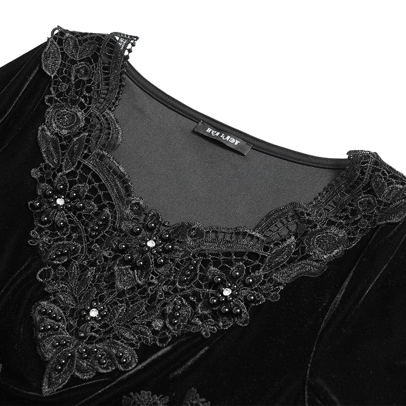 DEVIL FASHION Women's Gothic Lace-up Beaded Ruched Velvet Long Sleeved Shirt