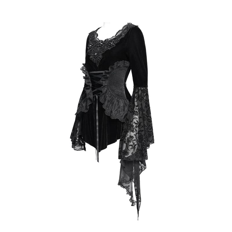 DEVIL FASHION Women's Gothic Lace-up Beaded Ruched Velvet Long Sleeved Shirt