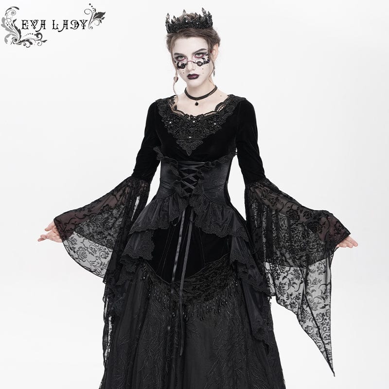 DEVIL FASHION Women's Gothic Lace-up Beaded Ruched Velvet Long Sleeved Shirt