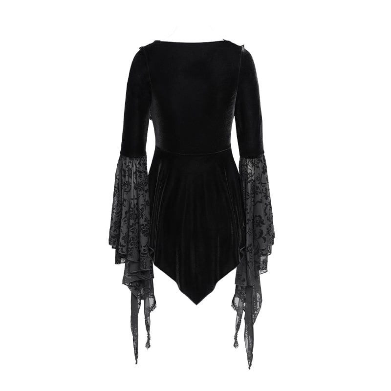 DEVIL FASHION Women's Gothic Lace-up Beaded Ruched Velvet Long Sleeved Shirt