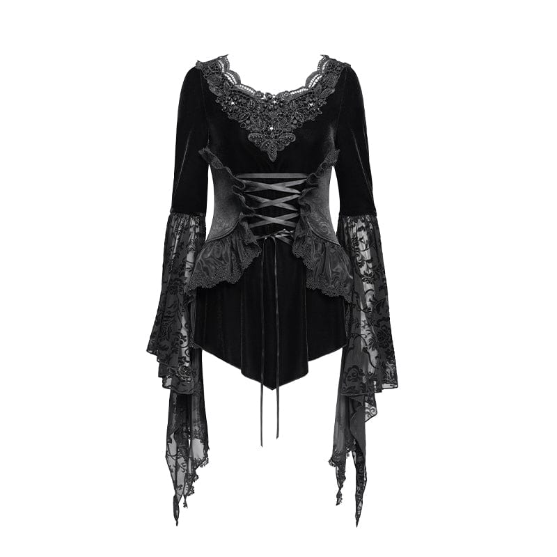 DEVIL FASHION Women's Gothic Lace-up Beaded Ruched Velvet Long Sleeved Shirt