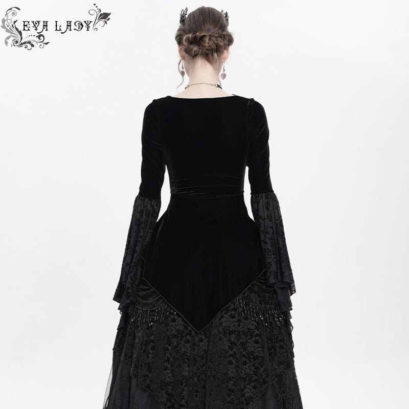 DEVIL FASHION Women's Gothic Lace-up Beaded Ruched Velvet Long Sleeved Shirt