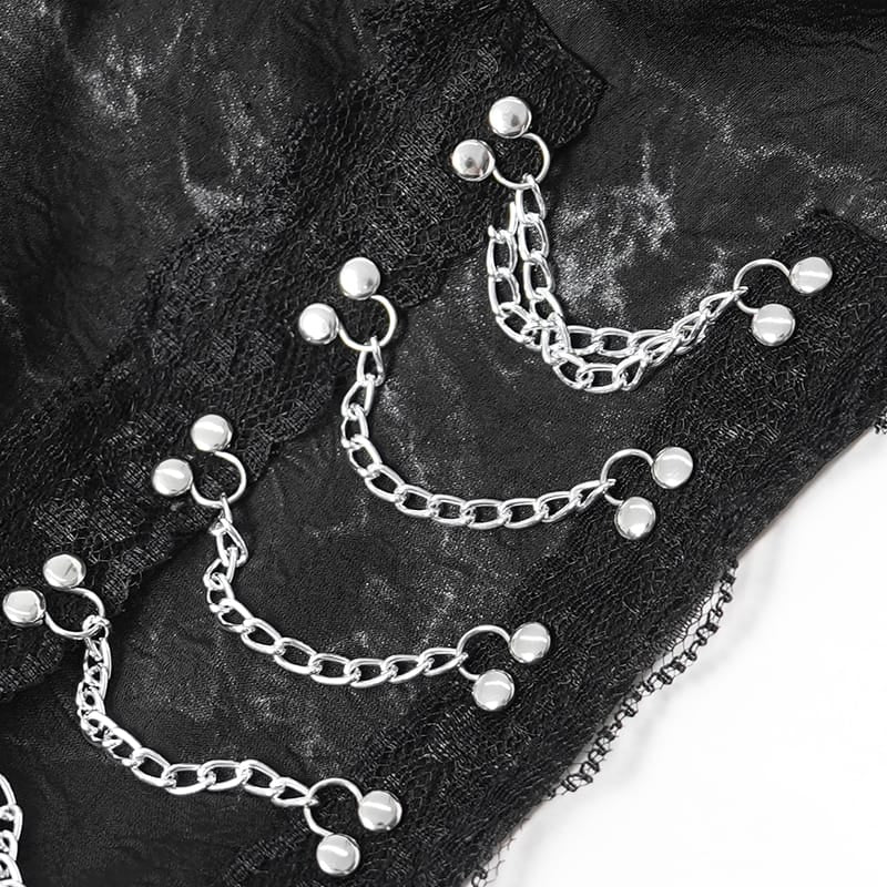 DEVIL FASHION Women's Gothic Lace-up Chained Cutout Flare Sleeve Shirt