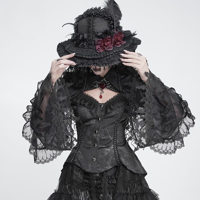 DEVIL FASHION Women's Gothic Lace-up Chained Cutout Flare Sleeve Shirt
