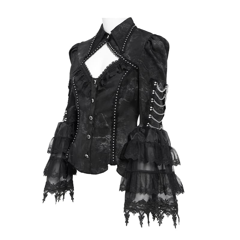 DEVIL FASHION Women's Gothic Lace-up Chained Cutout Flare Sleeve Shirt