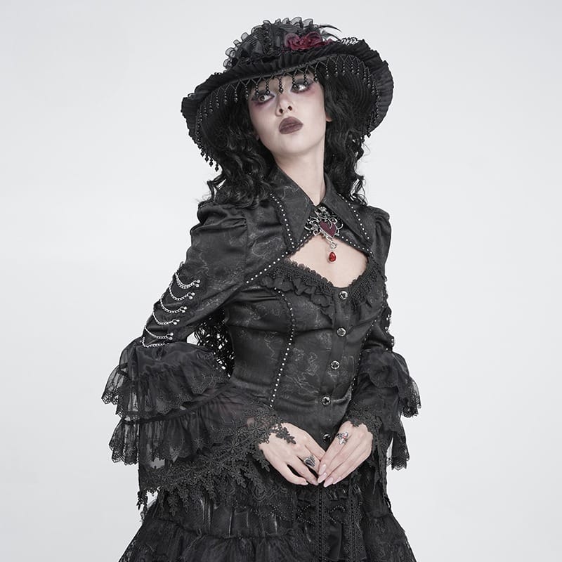 DEVIL FASHION Women's Gothic Lace-up Chained Cutout Flare Sleeve Shirt