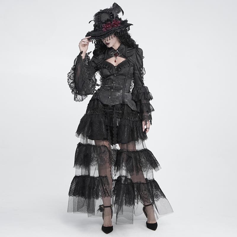 DEVIL FASHION Women's Gothic Lace-up Chained Cutout Flare Sleeve Shirt