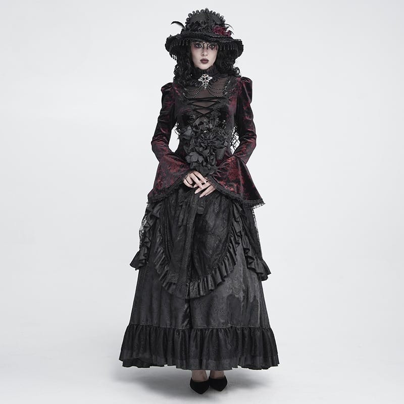 DEVIL FASHION Women's Gothic Lace-up Chained Flare Sleeve Velvet Top Red