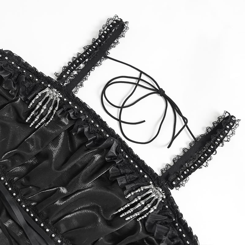 DEVIL FASHION Women's Gothic Lace-up Chained Ruched Irregular Hem Slip Dress Black