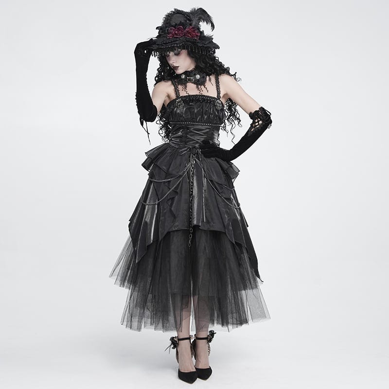 DEVIL FASHION Women's Gothic Lace-up Chained Ruched Irregular Hem Slip Dress Black