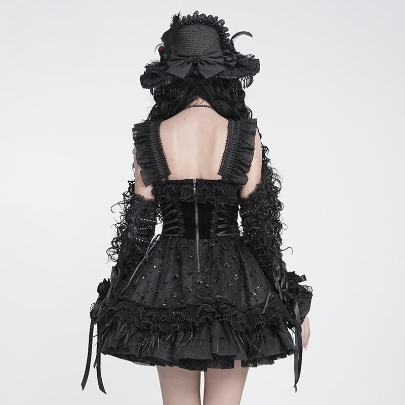 DEVIL FASHION Women's Gothic Lace-up Embroidered Feather Trim Slip Dress Black