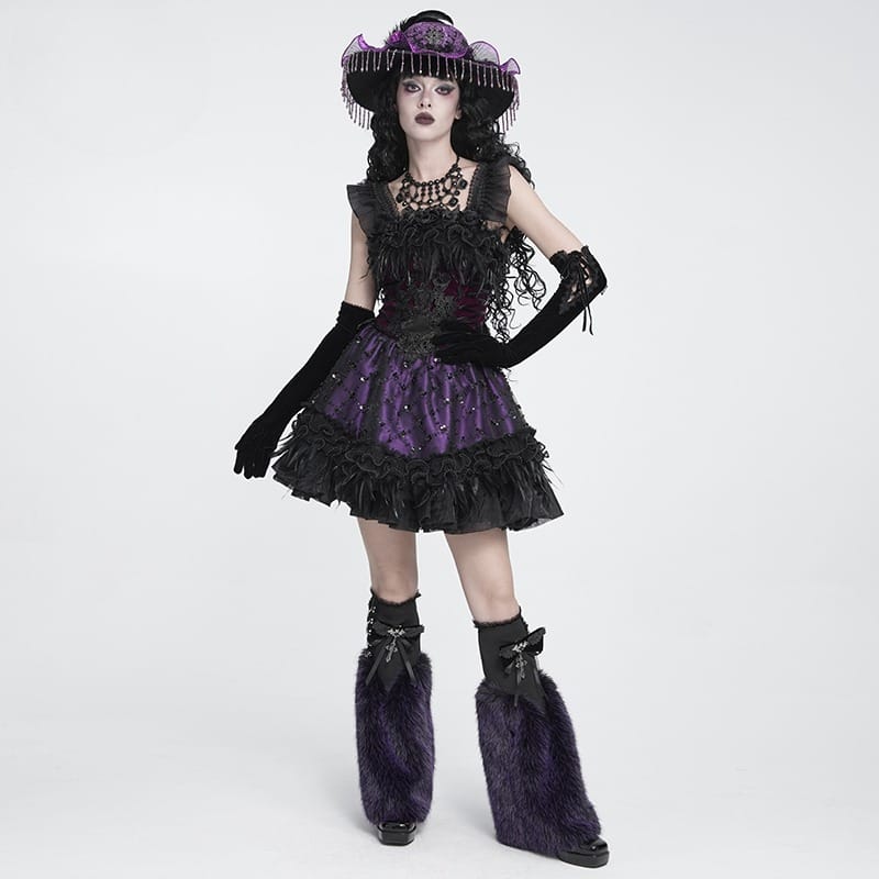 DEVIL FASHION Women's Gothic Lace-up Embroidered Feather Trim Slip Dress Black-Purple
