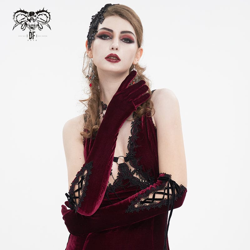 DEVIL FASHION Women's Gothic Lace-up Lace Hem Velvet Gloves Red